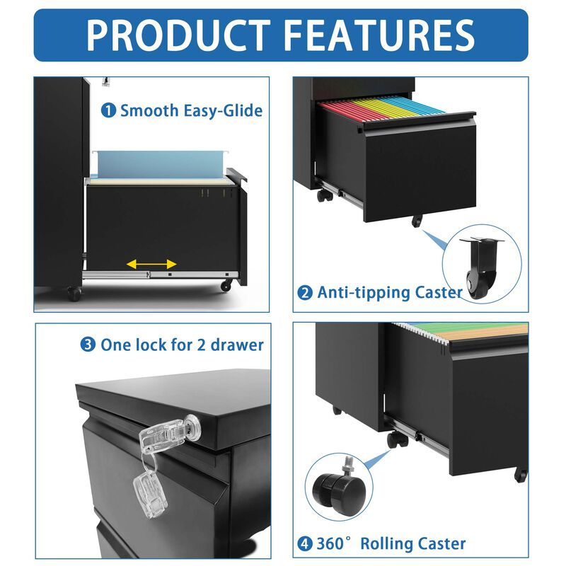 Mobile File Cabinet with 2 Drawers and Lock for Hanging File Storage