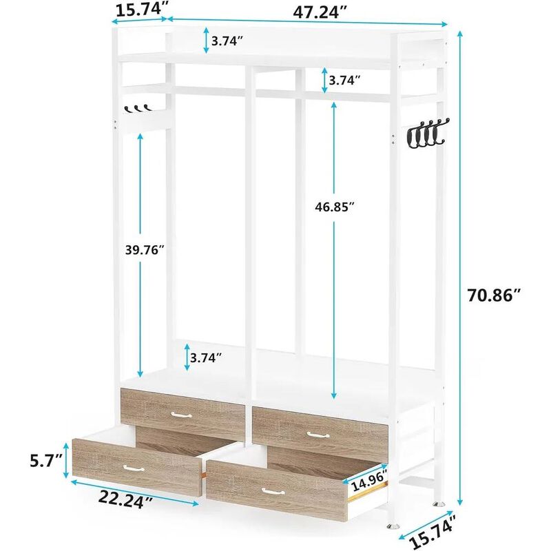 Hivvago Freestanding White Oak Garment Rack Clothes Hanging Rod with 4 Storage Drawers