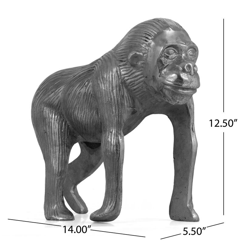 Tabletop Ape Figurine, 14 Inch Solid Crafted Design, Gray Aluminium - Benzara