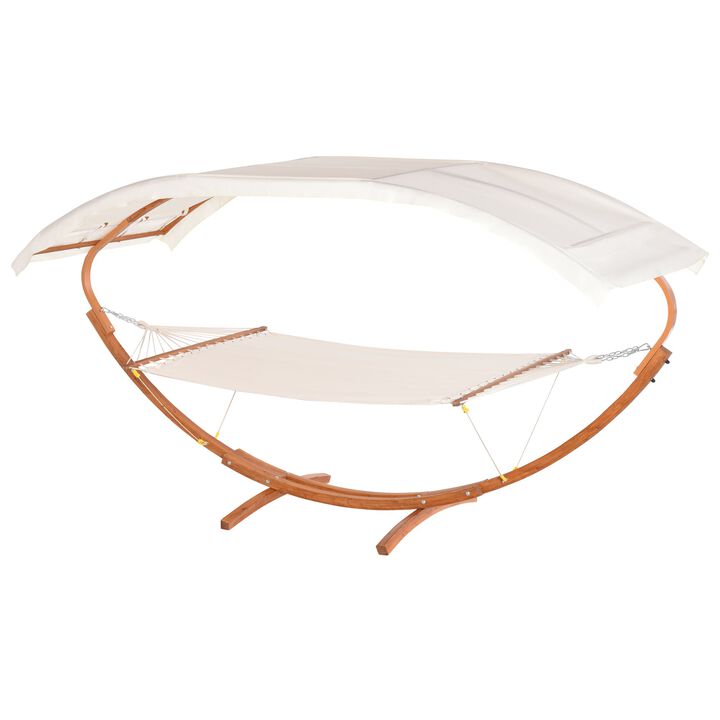 White Outdoor Relaxation: 13' Wooden Roman Arc Hammock Stand with Canopy