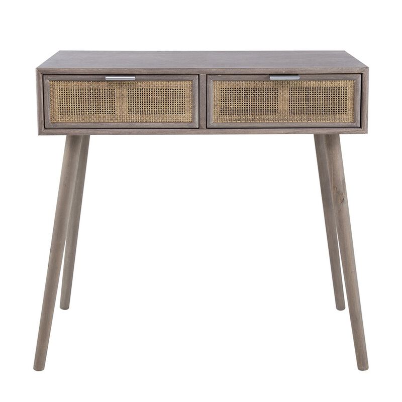 Pia 31 Inch Console Table, Pine Wood, 2 Drawer, Woven Rattan, Rustic Brown-Benzara