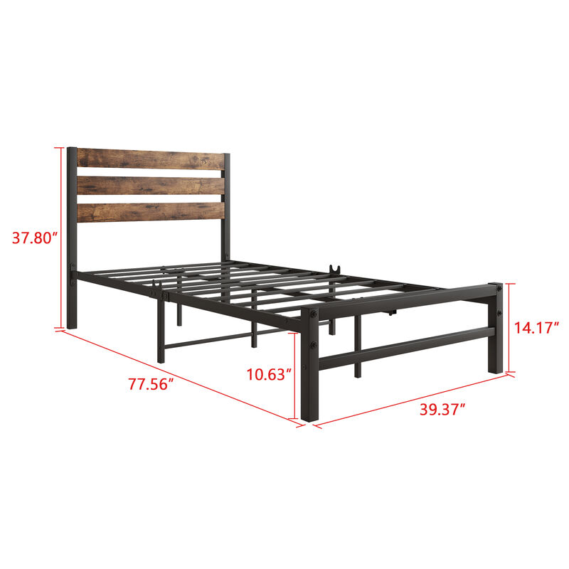 Hivvago Twin-Sized Platform Bedframe with Slats and Rustic Wooden Head Board
