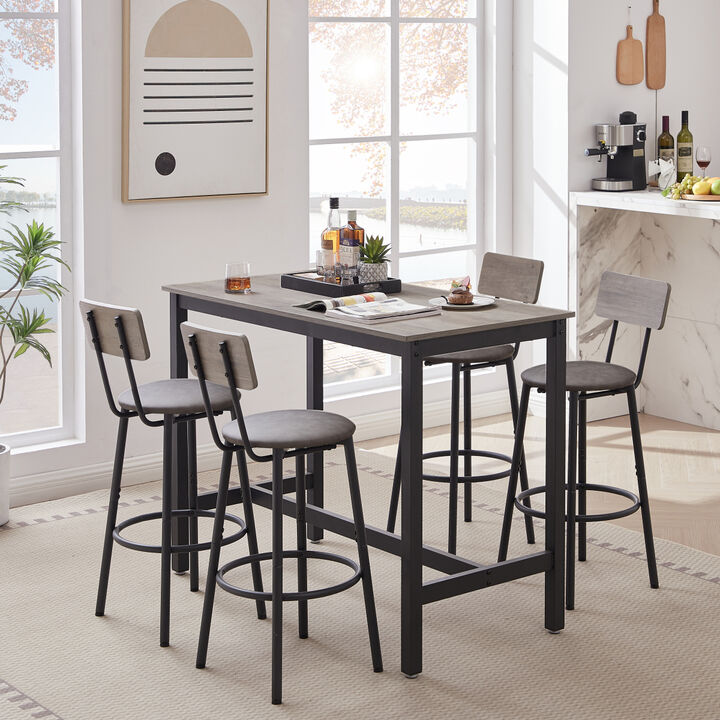 Bar Table Set With 4 Bar Stools PU Soft Seat With Backrest, Grey, 47.24" L X 23.62" W X 35.43"
