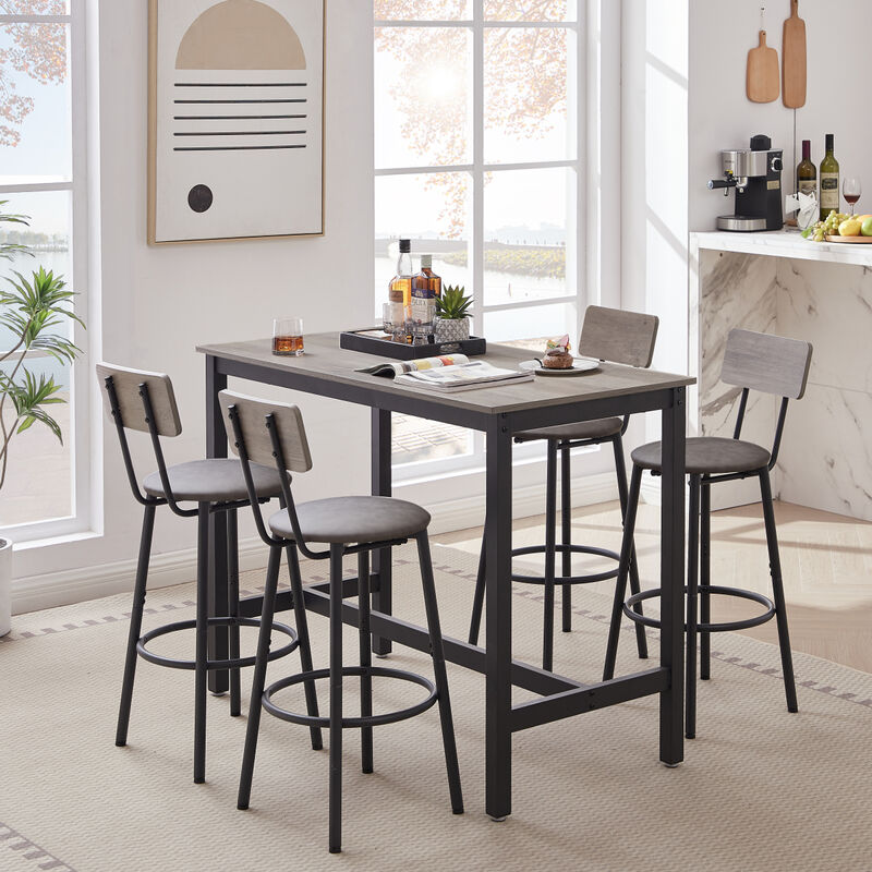 Bar Table Set With 4 Bar Stools PU Soft Seat With Backrest, Grey, 47.24" L X 23.62" W X 35.43"