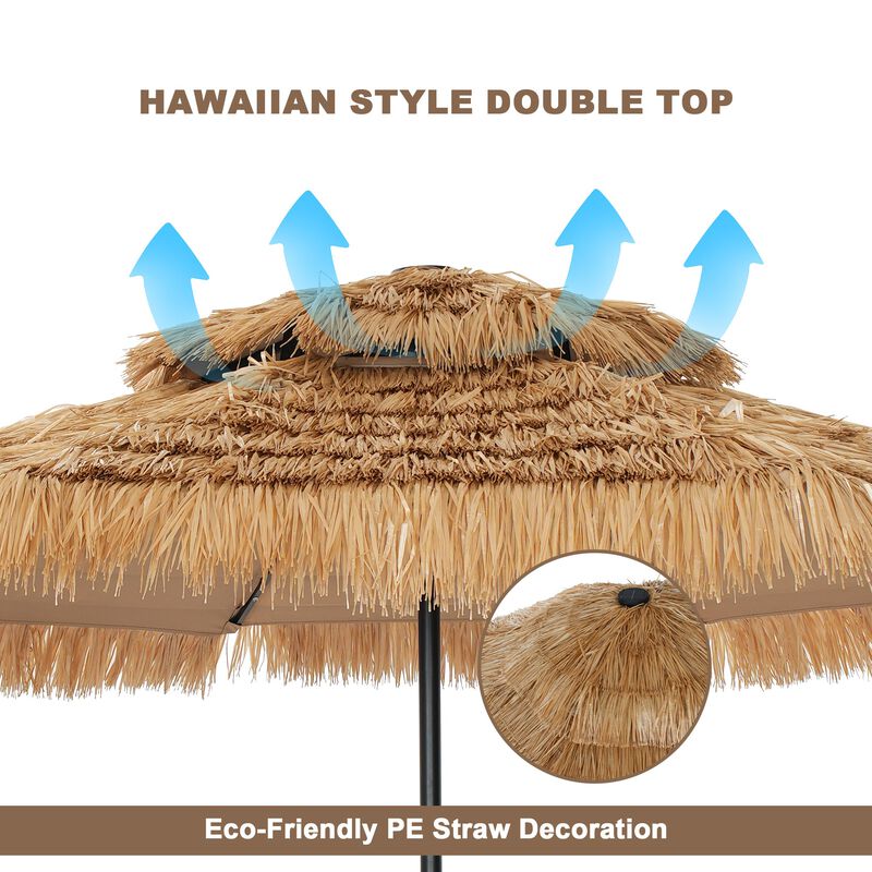 Mondawe 9 ft Hawaiian Crank Design 2 Tier Straw Patio Umbrella with LED Light & Round Based
