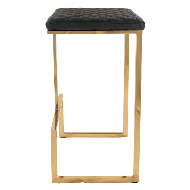 LeisureMod Quincy Stitched Leather Gold Metal Bar Stools in Olive Green