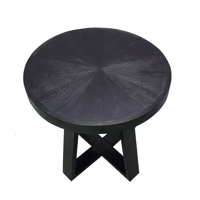 Benjara Raj 24 Inch Round Side End Table, Cross Legs Design, Black Acacia Wood Iron