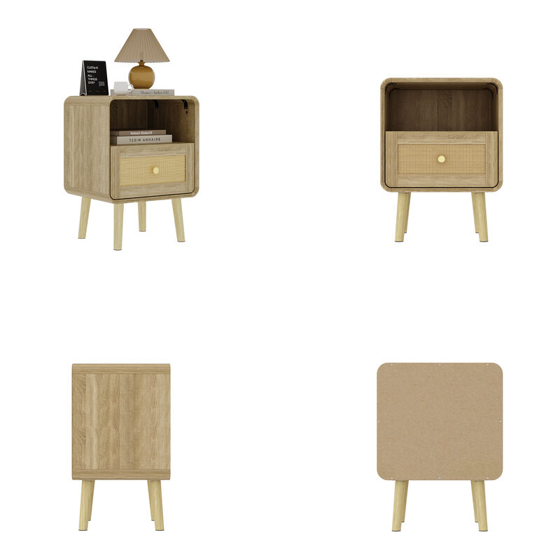 FUFU&GAGA Modern Rattan Nightstand with Drawer & Open Storage, Solid Wood Legs, Natural Wood Grain Finish, (17.7" W x 23.8" H x 13.9" D), Brown