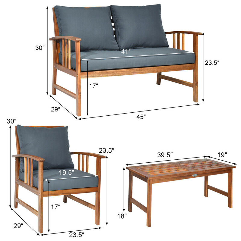 4 Pieces Wooden Patio Furniture Set Table Sofa Chair Cushioned Garden