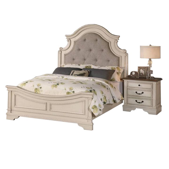 Lupe Queen Size Bed, Gray Upholstered Scalloped Frame, Antique White Finish - Benzara