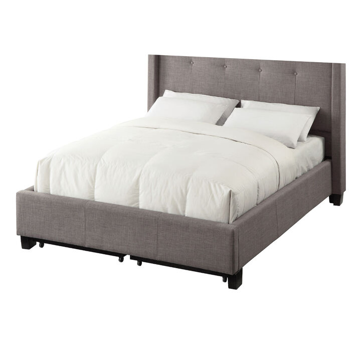 Adams Low Profile Queen Bed, Tufted Linen, Wide Storage, Gray - Benzara