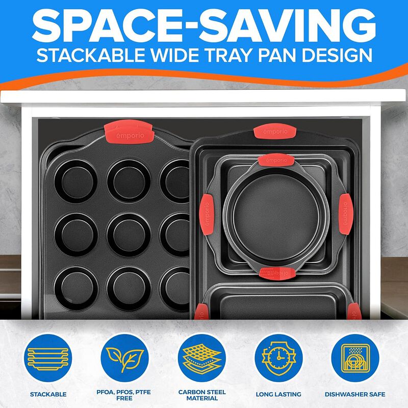 Baking Pan Set - Nonstick Coating, Carbon Steel Bakeware Set with Red Silicone Handles, PFOA, PFOS, PTFE Free, Recipe Booklet Included, Oven Safe Tray (Up To 450° F), Set of 8 - Black