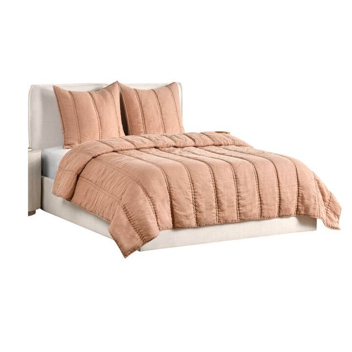 Rawi 3 Piece Queen Quilt Set, Channel Stitched Clay Ramie, Cotton - Benzara