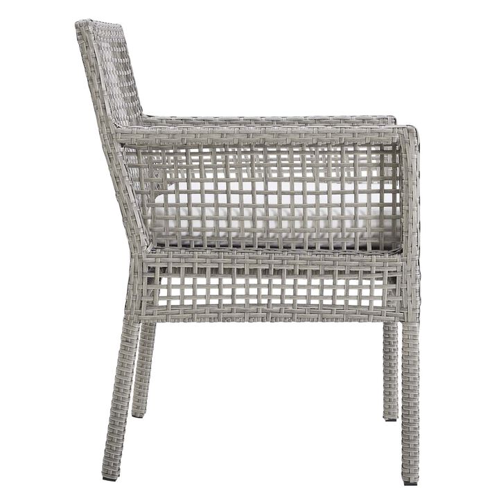 Aura Outdoor Patio Collection - Gray-on-Gray Wicker Rattan Set with 68" Table & 6 Armchairs. All-Weather Cushions, Non-Marking Foot Caps.