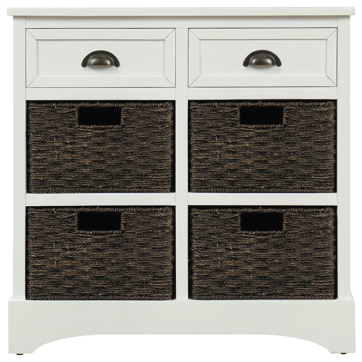 Rustic Storage Cabinet With Two Drawers And Four Classic Rattan Basket