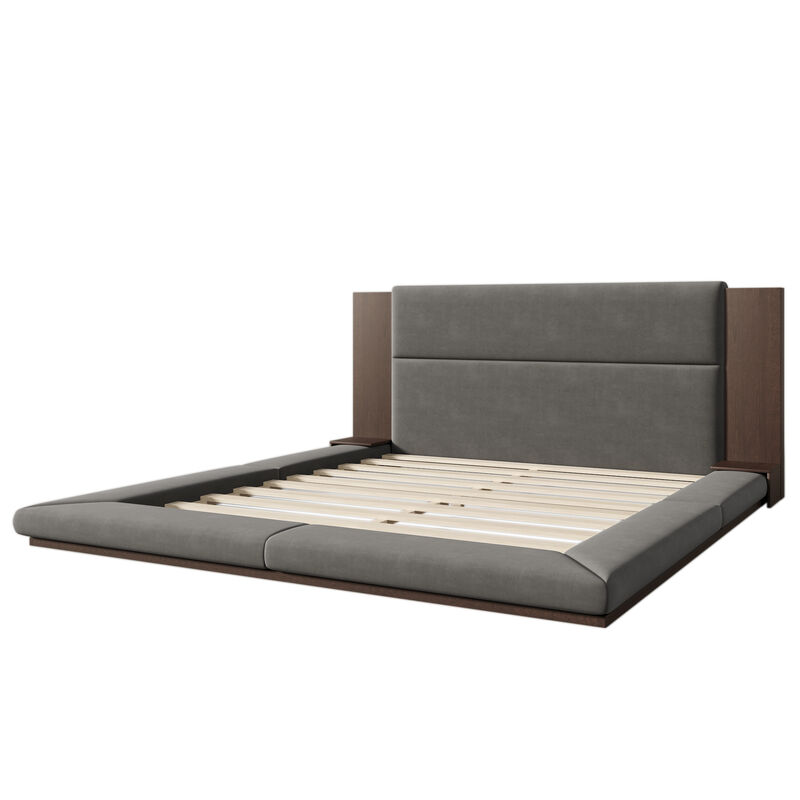 Merax Floor Upholstered Platform Bed with Extended Headboard