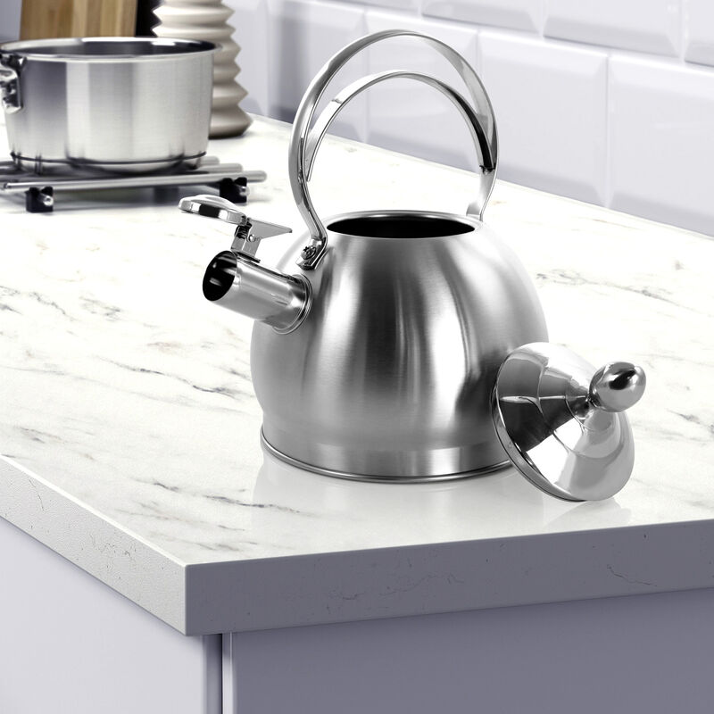 MegaChef 2.8 Liter Round Stovetop Whistling Kettle in Brushed Silver