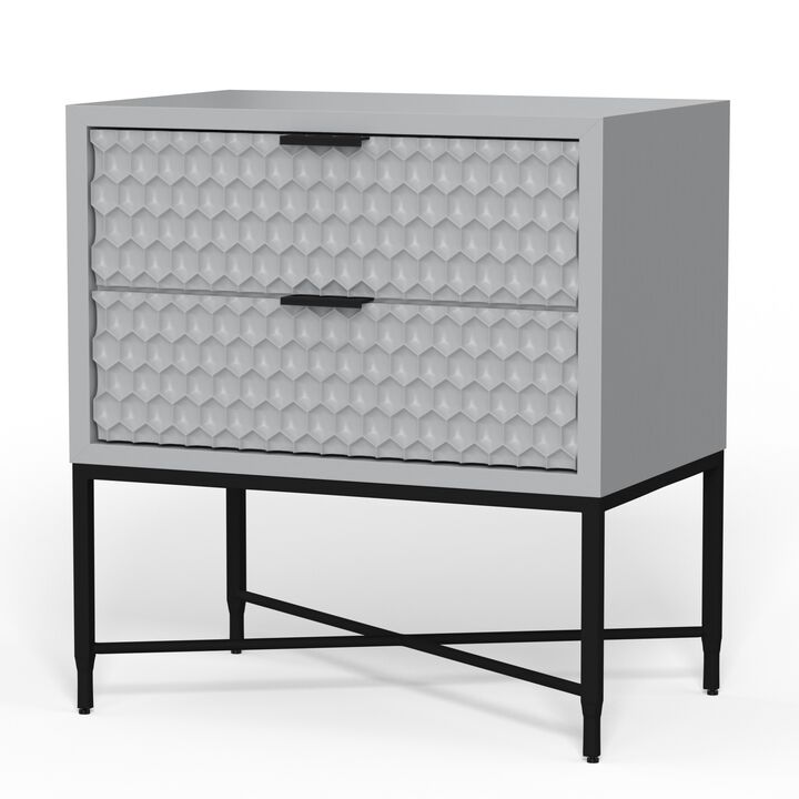Rexi 26 Inch 2 Drawer Nightstand, Honeycomb, Mahogany, Light Gray, Black-Benzara