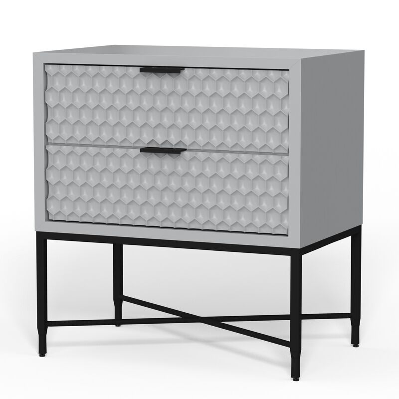 Rexi 26 Inch 2 Drawer Nightstand, Honeycomb, Mahogany, Light Gray, Black-Benzara