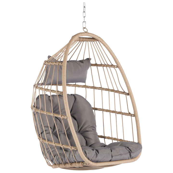 Outdoor Garden Rattan Egg Swing Chair Hanging Chair Wood &Light Gray