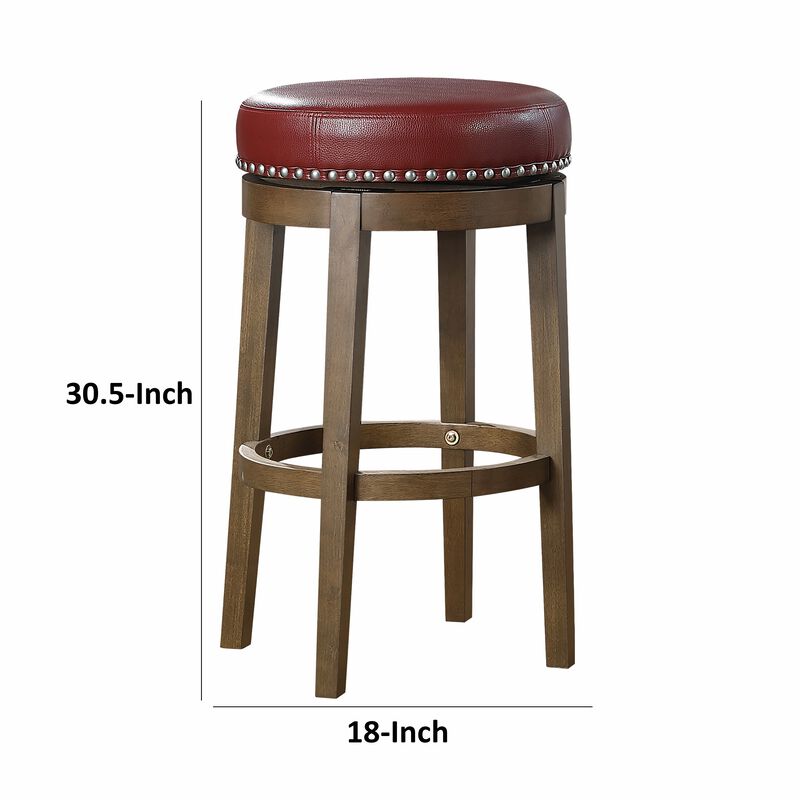 Bara 31 Inch Swivel Barstool, Red Round Faux Leather, Brown Wood, Set of 2 - Benzara
