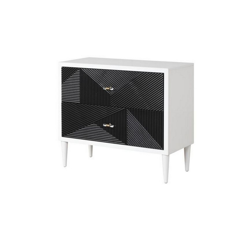 Accent table with Geometric Pattern 2 Drawer Front, Black and White-Benzara