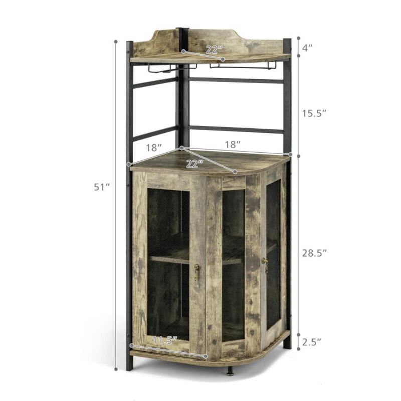 Hivvago Industrial Corner Bar Cabinet with Glass Holder and Adjustable Shelf
