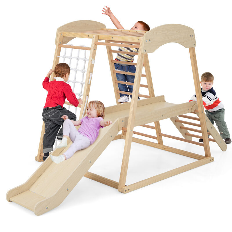 6-in-1 Indoor Jungle Gym Kids Wooden Playground with Monkey Bars