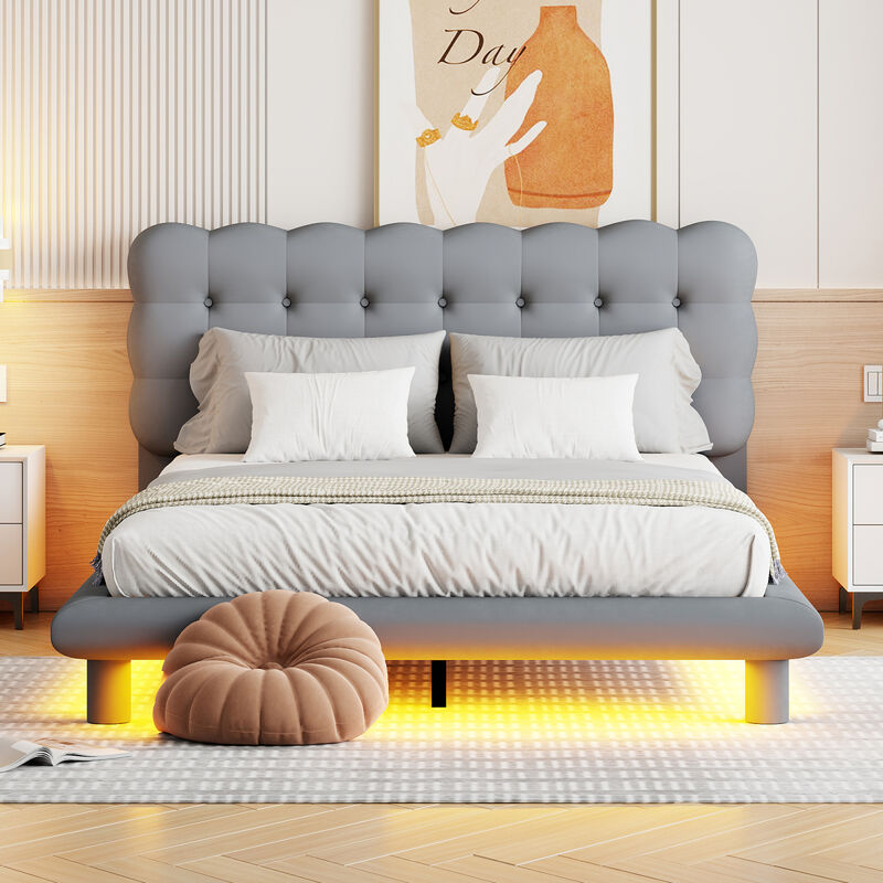Gray Velvet Platform Bed with LED Frame