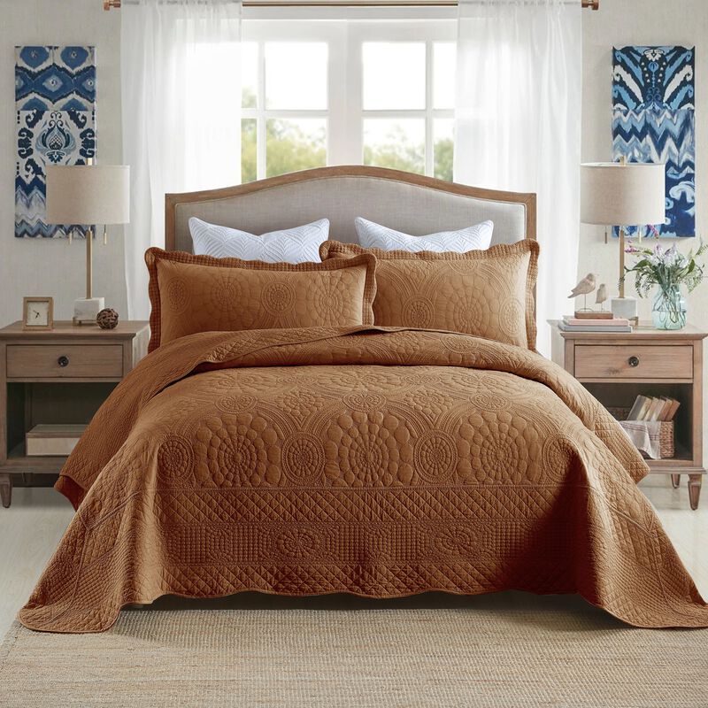 MarCielo 3 PCS 100% Cotton Oversized Bedspread Quilt Set Embroidery TF