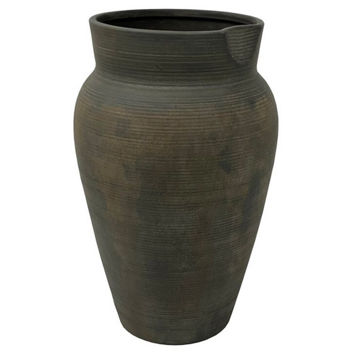 Leyn 15 Inch Antique Flower Vase, Urn Shaped Home Decor Piece, Gray Ceramic - Benzara