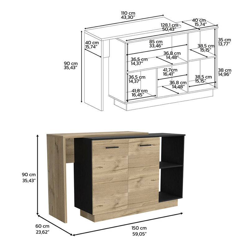 DEPOT E-SHOP Creta Kitchen Island, Double Door Cabinets, Two External Shelves, Three Shelves, Black / Light Oak