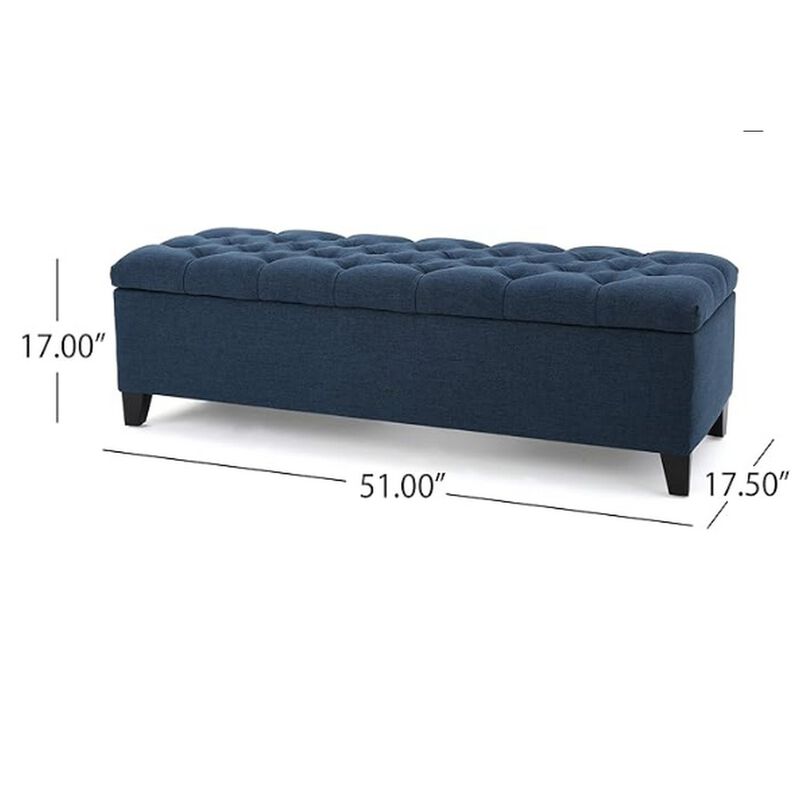 Elias Storage Bench, 51 Inch Button Tufted Blue Velvet, Solid Wood - Benzara