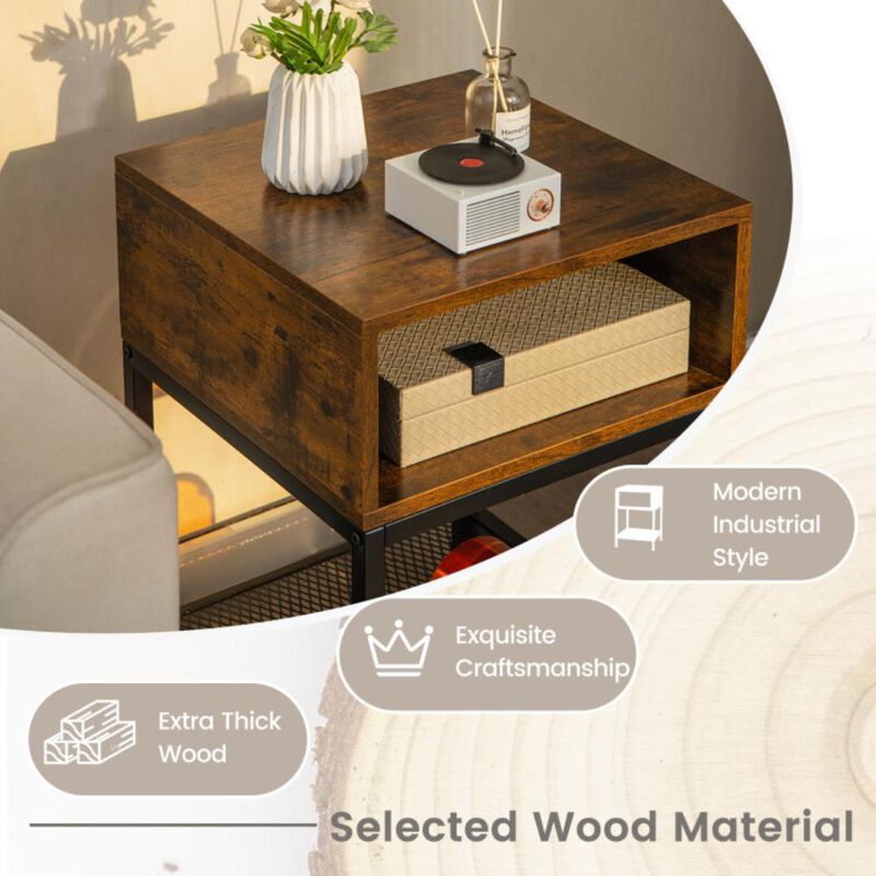 Hivvago Industrial Nightstand End Side Table with Mesh Shelf