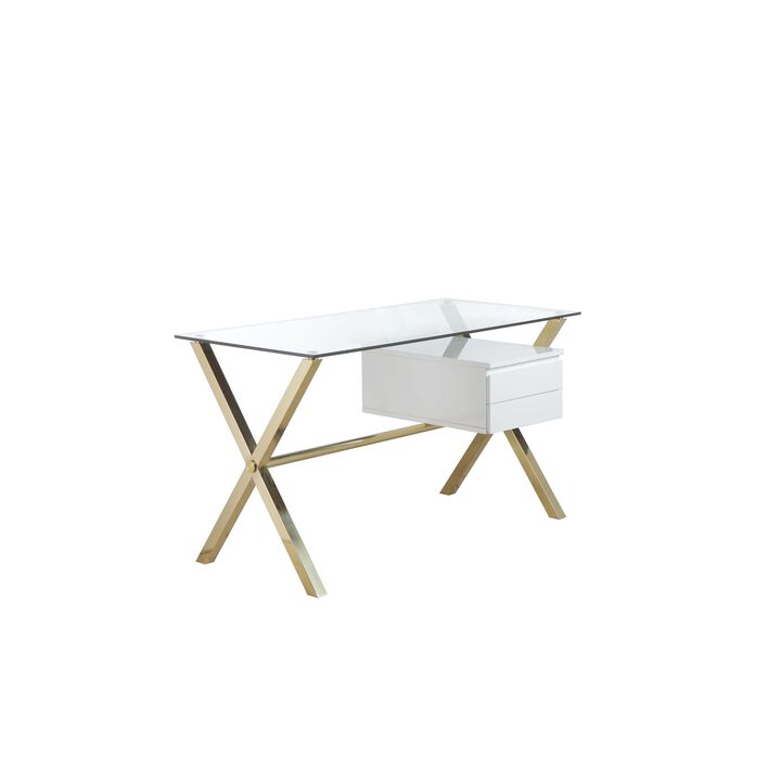 Tia Office Desk, 51 Inch Rectangular Glass Top w 2 Drawers, White Gold - Benzara