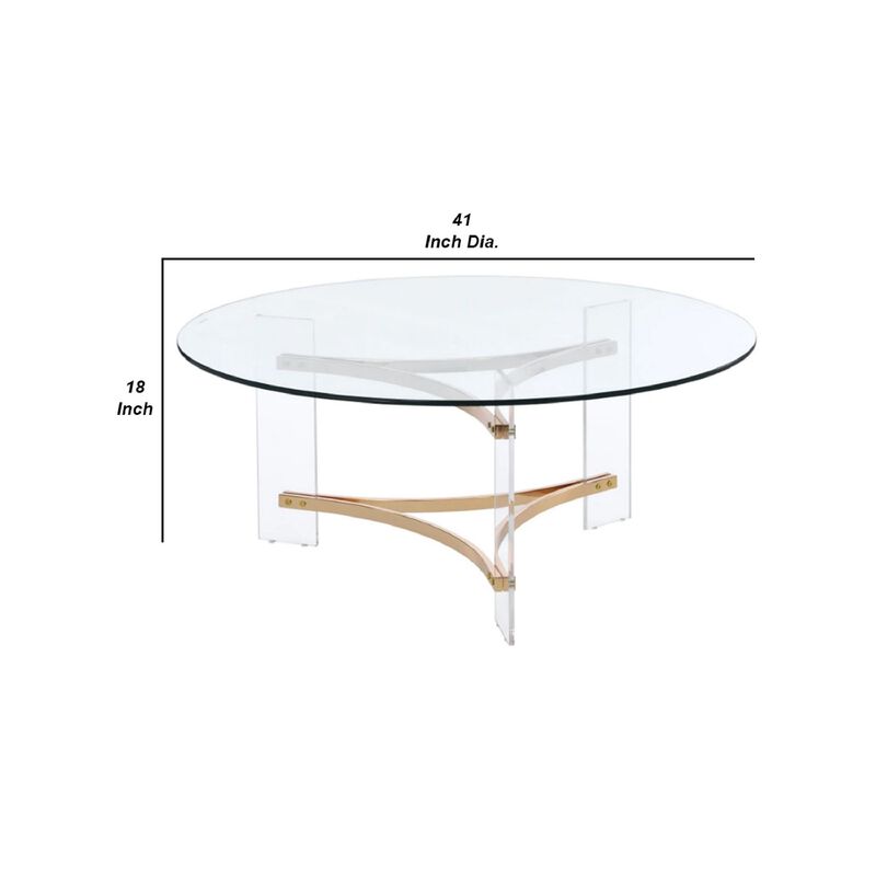 Hale 41 Inch Round Coffee Table, Glass Top, Acrylic Legs, Clear, Gold-Benzara