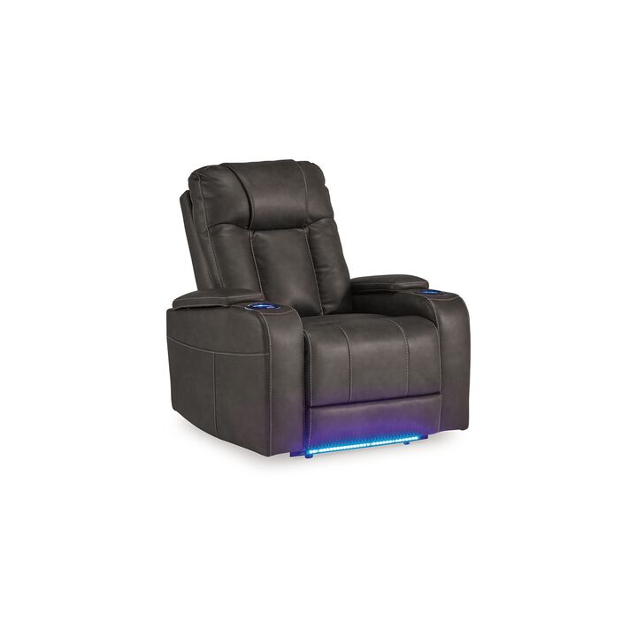 Callum Power Recliner Chair, Adjustable Headrest, Gray Faux Leather - Benzara