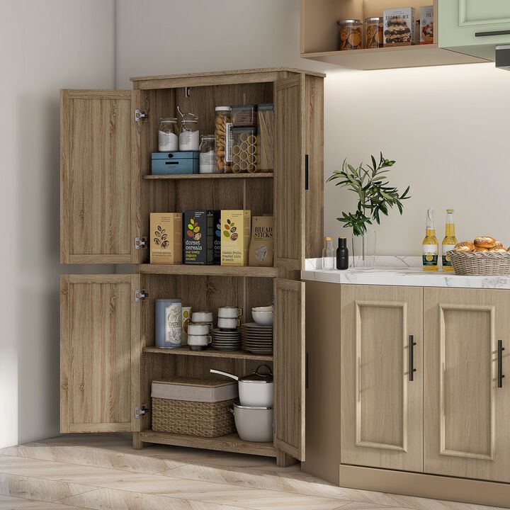 64" Natural Rattan Kitchen Pantry: 4 Doors, 4-Tier Shelves