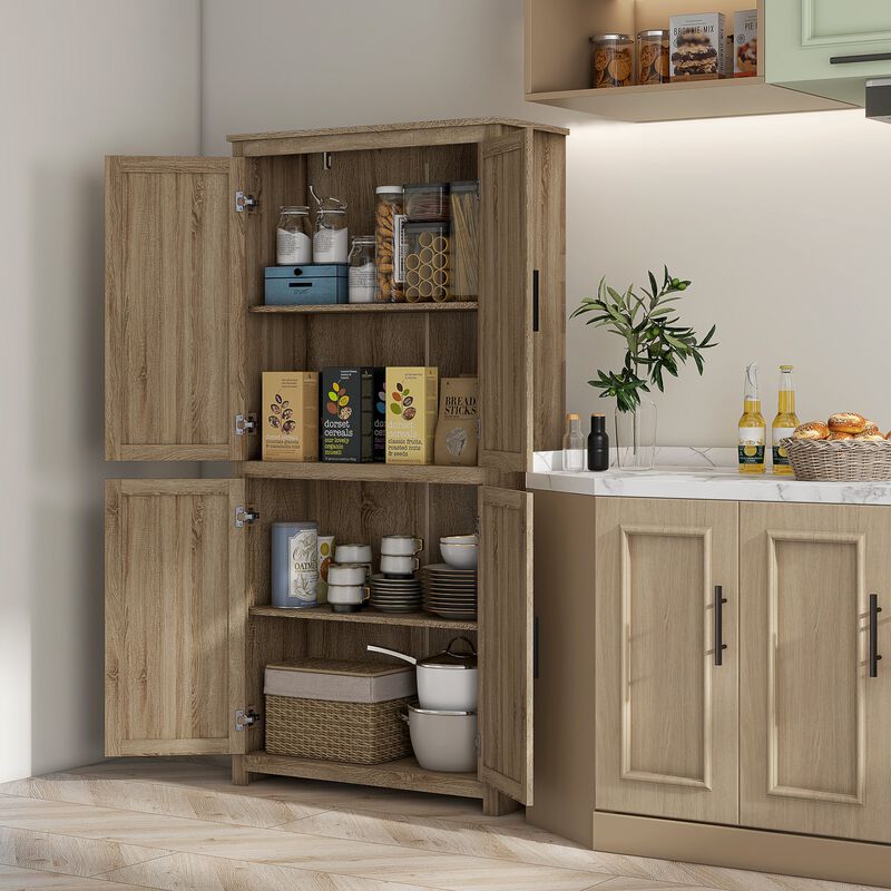 64" Natural Rattan Kitchen Pantry: 4 Doors, 4-Tier Shelves