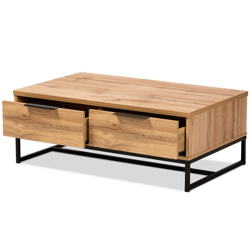Baxton Studio Franklin Oak Brown Finished Wood And Black Finished Metal 2 Drawer Coffee Table