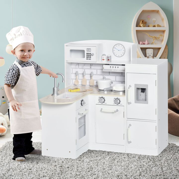White Play Kitchen: Kids' Set with Fountain, Microwave, and Fridge