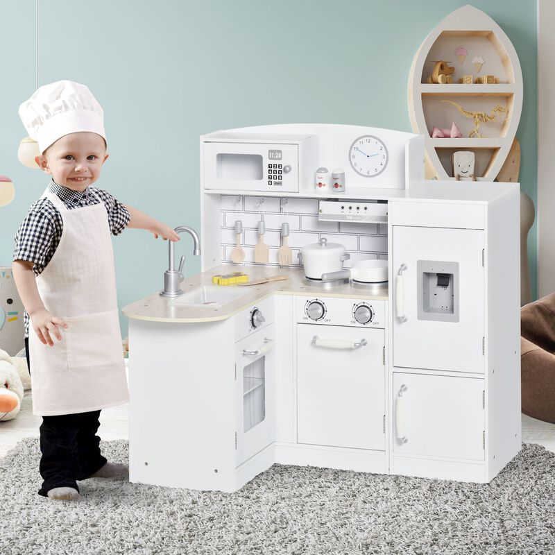 White Play Kitchen: Kids' Set with Fountain, Microwave, and Fridge