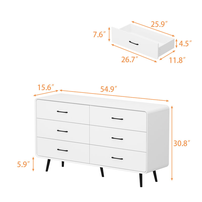 FUFU&GAGA Modern 6-Drawer Dresser, White Storage Cabinet with Black Handles & Legs, Spacious Bedroom Chest of Drawers for Clothes, Living Room & Entryway Organizer (54.9" W x 30.8" H x 15.6" D),White