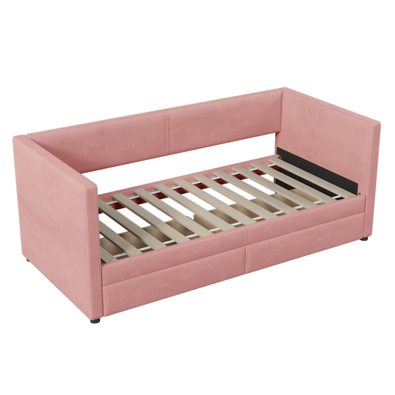 Twin Size Corduroy Daybed With Two Drawers And Wood Slat, Pink