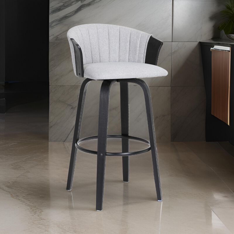Oja 30 Inch Swivel Barstool Chair, Light Gray Fabric, Curved, Black Wood - Benzara