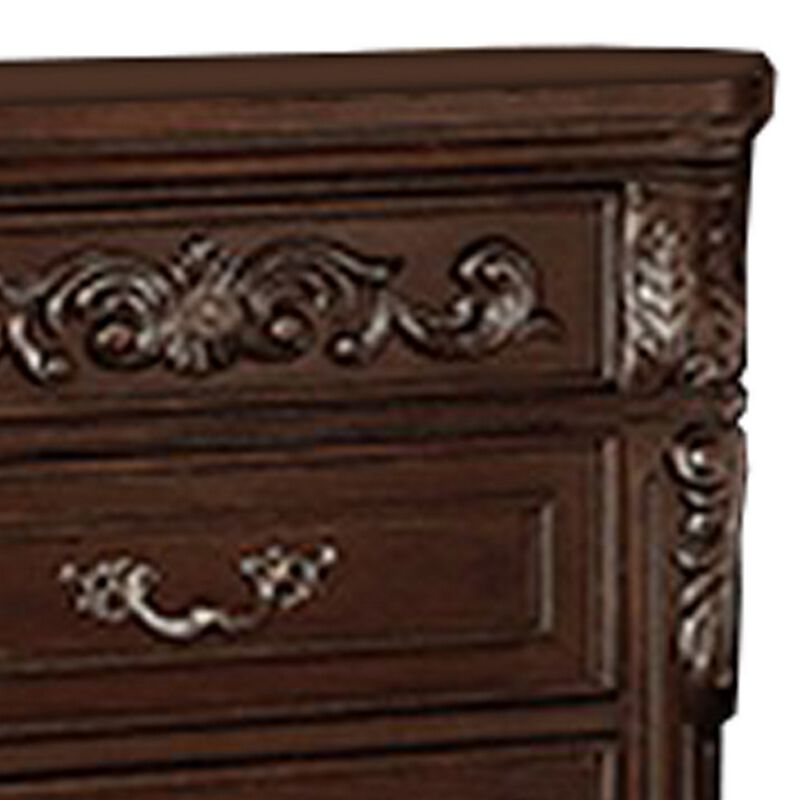 30 Inches 3 Drawer Engraved Wooden Nightstand, Brown-Benzara