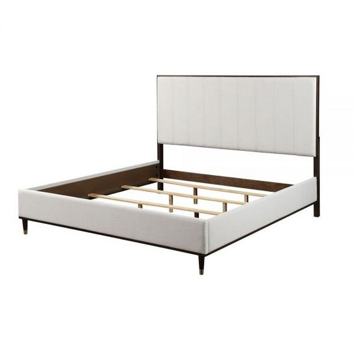 Aren Queen Bed, Light Gray Fabric Upholstery, Crisp White and Smooth Brown - Benzara Aren Queen Bed, Light Gray Fabric Upholstery, Crisp White and Smooth Brown - Benzara