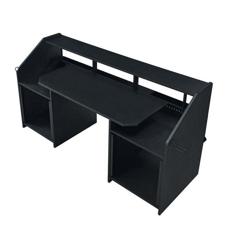 71 Inch Wood Music Studio Desk, Keyboard Tray, Monitor Top, Black-Benzara