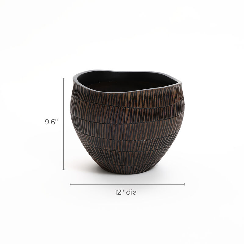 LuxenHome Brown with Black V-Pattern Polyresin 12-Inch Round Planter