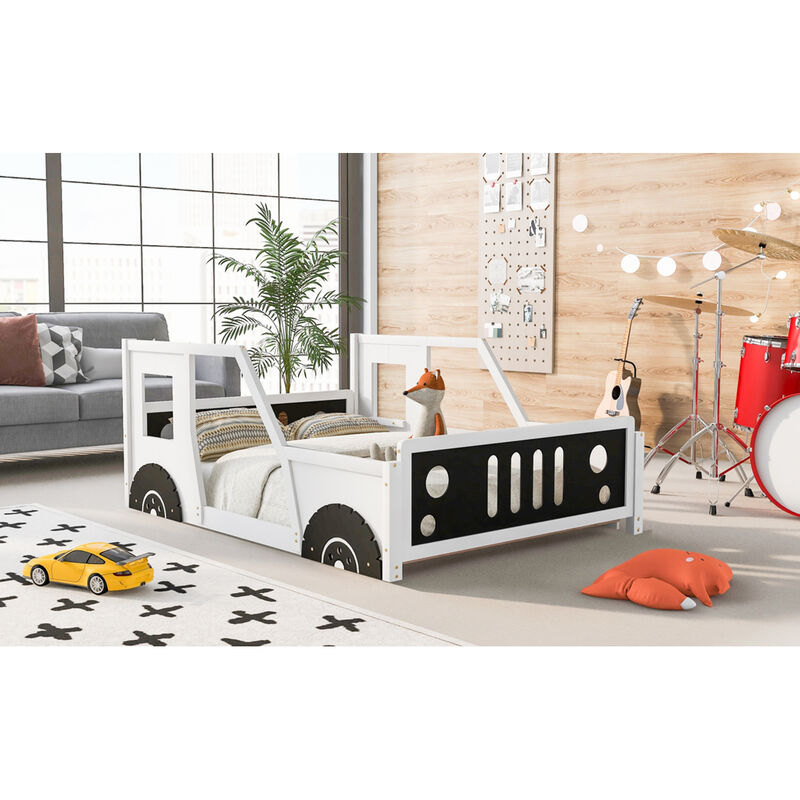 Full Size Classic Car-Shaped Platform Bed With Wheels, White